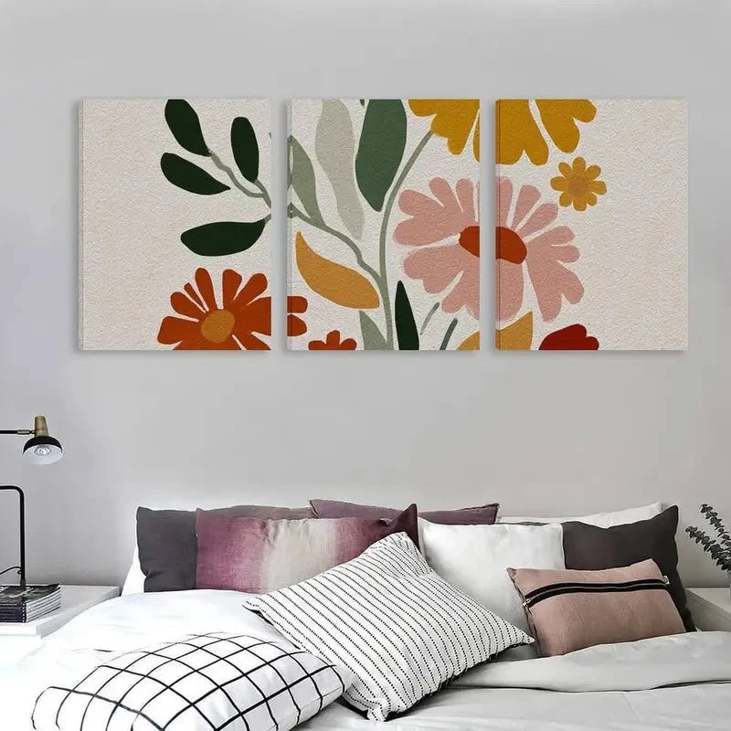 3pcs Pink, Orange, Green, Brown, & Flowers Wall Art Set Canvas Framed 60x90cm - High Quality Print 100% Australian Made Wall Canvas Ready to Hang