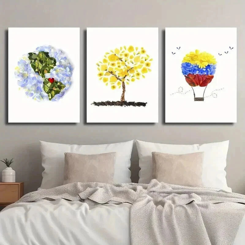 3pcs Floral Hot Air Balloon Colorful Leaf Flower Wall Art Set Canvas Framed 50x70cm - High Quality Print 100% Australian Made Wall Canvas Ready to Hang