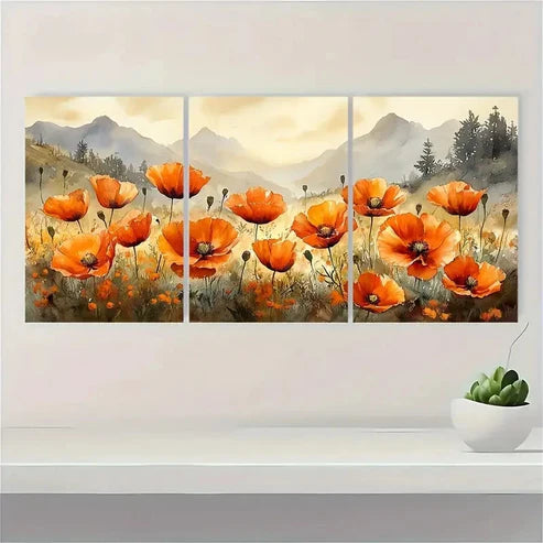 3pcs Poppy Watercolor Wildflowers Fields Wall Art Set Canvas Unframed - High Quality Print 100% Australian Made Wall Canvas
