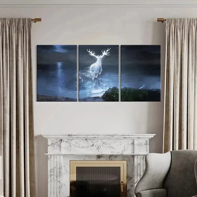 3pcs Enchanted Forest Scene with Glowing Deer Wall Art Set Canvas Framed 40x60cm - High Quality Print 100% Australian Made Wall Canvas Ready to Hang