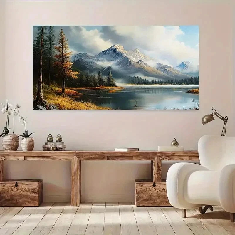 Winter Mountain Lake Trees wall canvas office home room framed 120x60cm