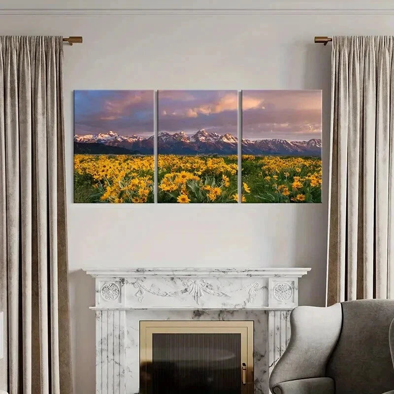 3pcs Flower Fields Mountains Sunset Modern Wall Art Set Canvas Framed 40x60cm - High Quality Print 100% Australian Made Wall Canvas Ready to Hang
