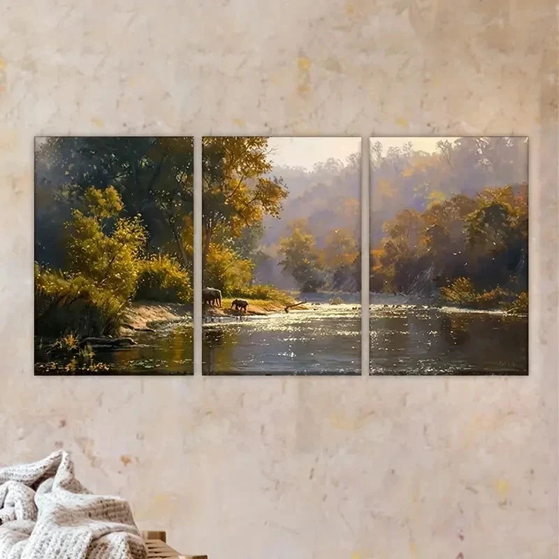 3pcs Vibrant Autumn Forest Scene with Deer Wall Art Set Canvas Framed 40x60cm - High Quality Print 100% Australian Made Wall Canvas Ready to Hang