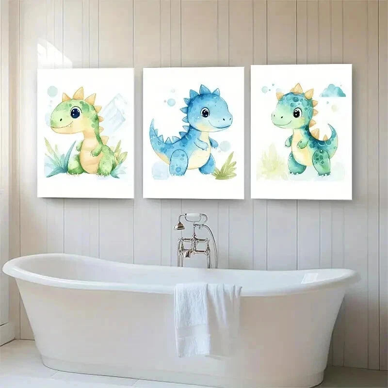 3pcs Cute Dinosaur Adorable Cartoon Perfect Wall Art Set Canvas Framed 40x60cm - High Quality Print 100% Australian Made Wall Canvas Ready to Hang
