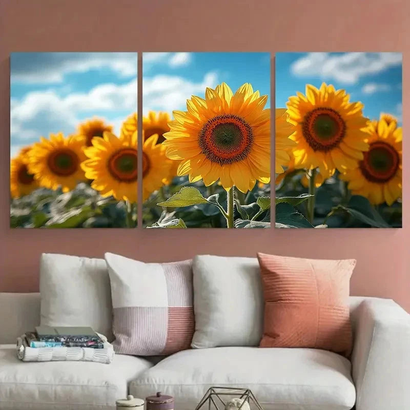 3pcs Sunflowers In The Wind Décor Perfect Wall Art Set Canvas Framed 40x60cm - High Quality Print 100% Australian Made Wall Canvas Ready to Hang