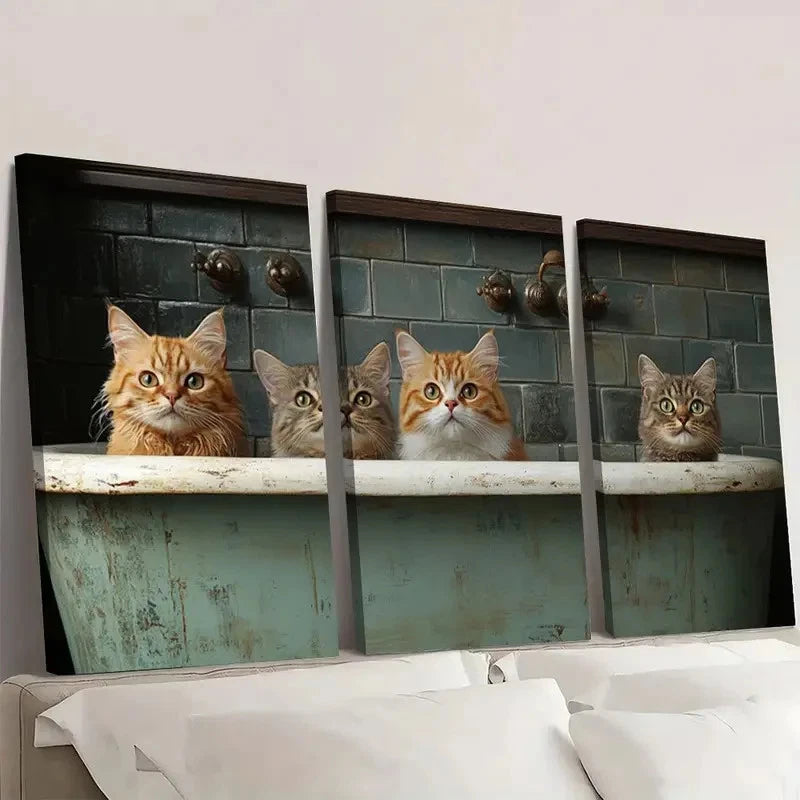 3pcs Playful Cat Vintage Painting Wall Art Set Canvas Framed 40x60cm - High Quality Print 100% Australian Made Wall Canvas Ready to Hang