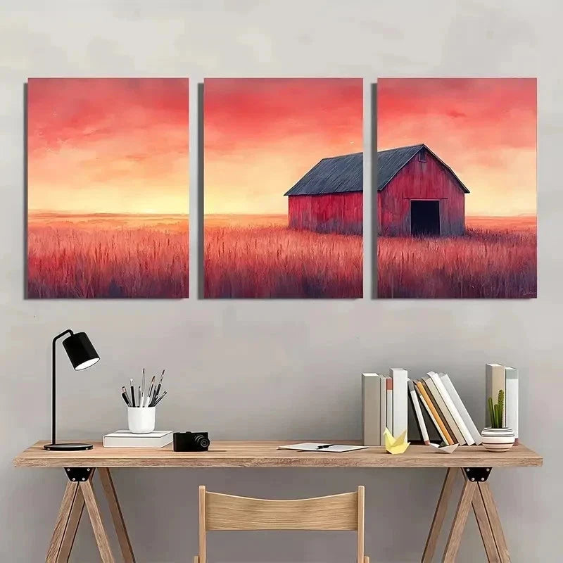 3pcs Rustic Barn At Dusk Watercolor Perfect Wall Art Set Canvas Framed 40x60cm - High Quality Print 100% Australian Made Wall Canvas Ready to Hang