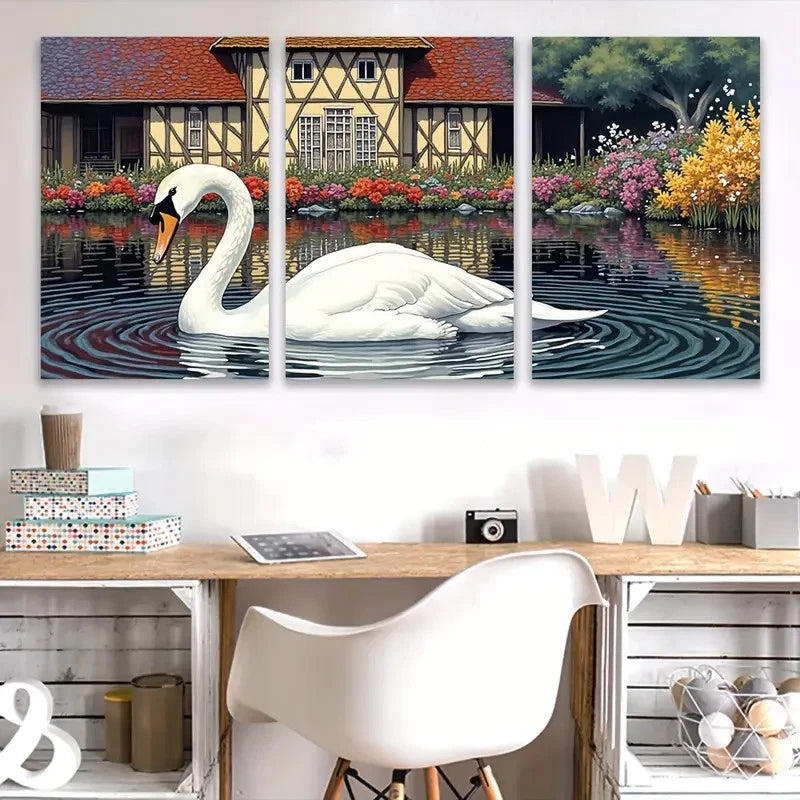 3pcs White Swan & Floral Cottage Scene Wall Art Set Canvas Framed 50x70cm - High Quality Print 100% Australian Made Wall Canvas Ready to Hang