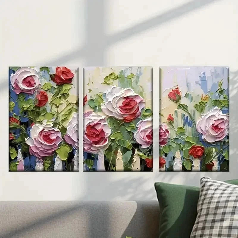 3pcs Painting of Roses on a White Background Wall Art Set Canvas Framed 40x60cm - High Quality Print 100% Australian Made Wall Canvas Ready to Hang