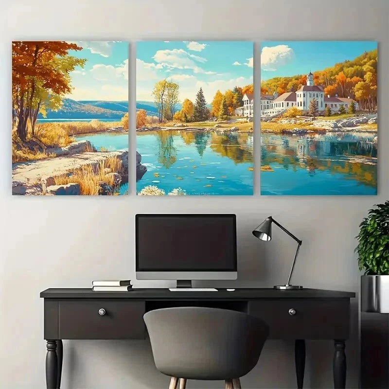 3pcs Vibrant Autumn Scenery Lake Mansion Perfect Wall Art Canvas Framed 60x90cm