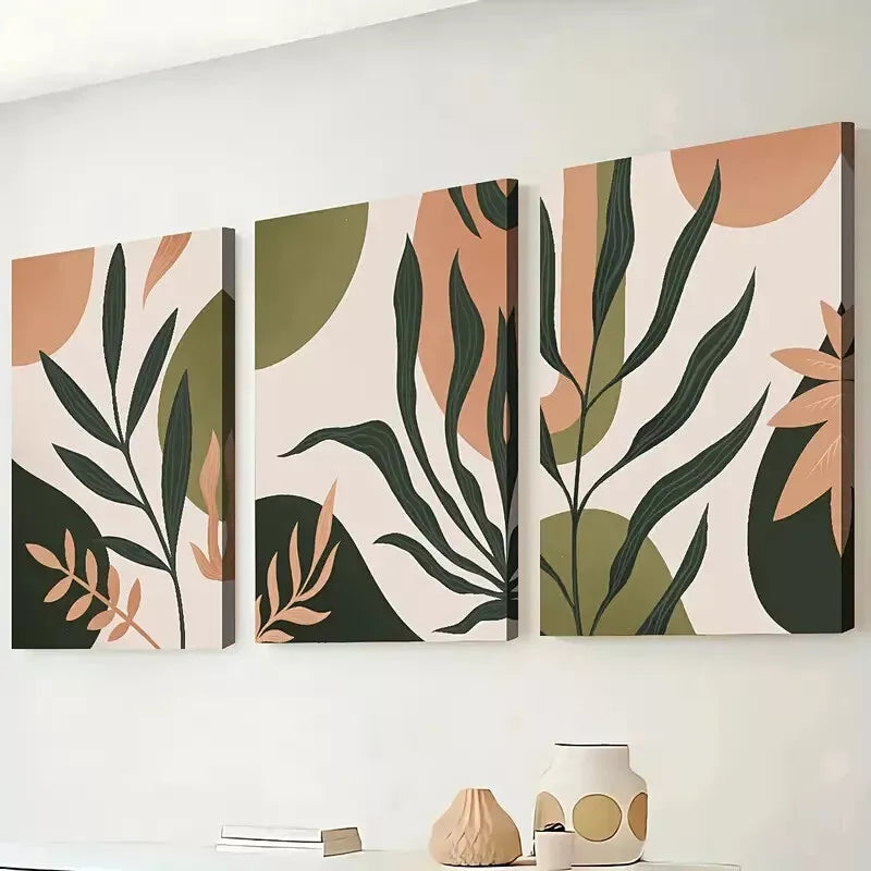 3pcs Bohemian Abstract Botanical Green Leaves Wall Art Set Canvas Framed 50x70cm - High Quality Print 100% Australian Made Wall Canvas Ready to Hang