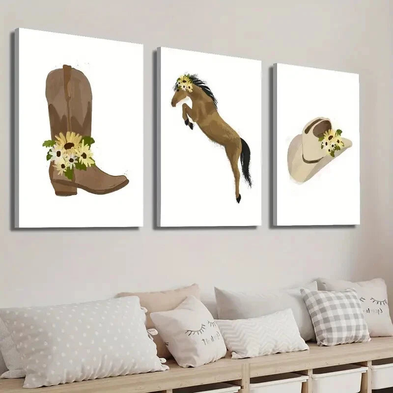 3pcs Hat & Jumping Horse Yellow Daisy Perfect Wall Art Set Canvas Framed 40x60cm - High Quality Print 100% Australian Made Wall Canvas Ready to Hang