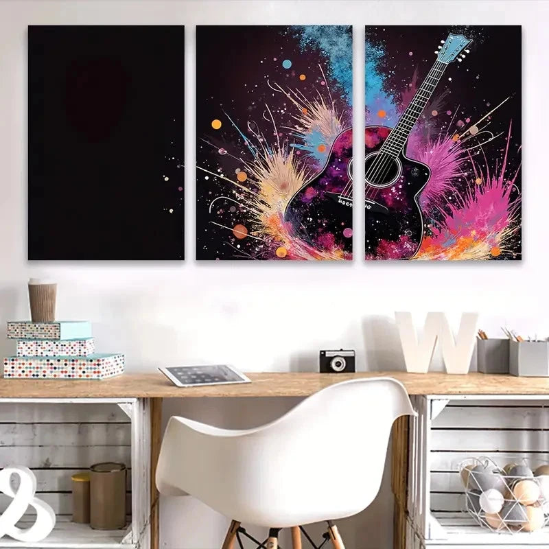 3pcs Vibrant Guitar Paint Splatter Wall Art Set Canvas Framed 40x60cm - High Quality Print 100% Australian Made Wall Canvas Ready to Hang