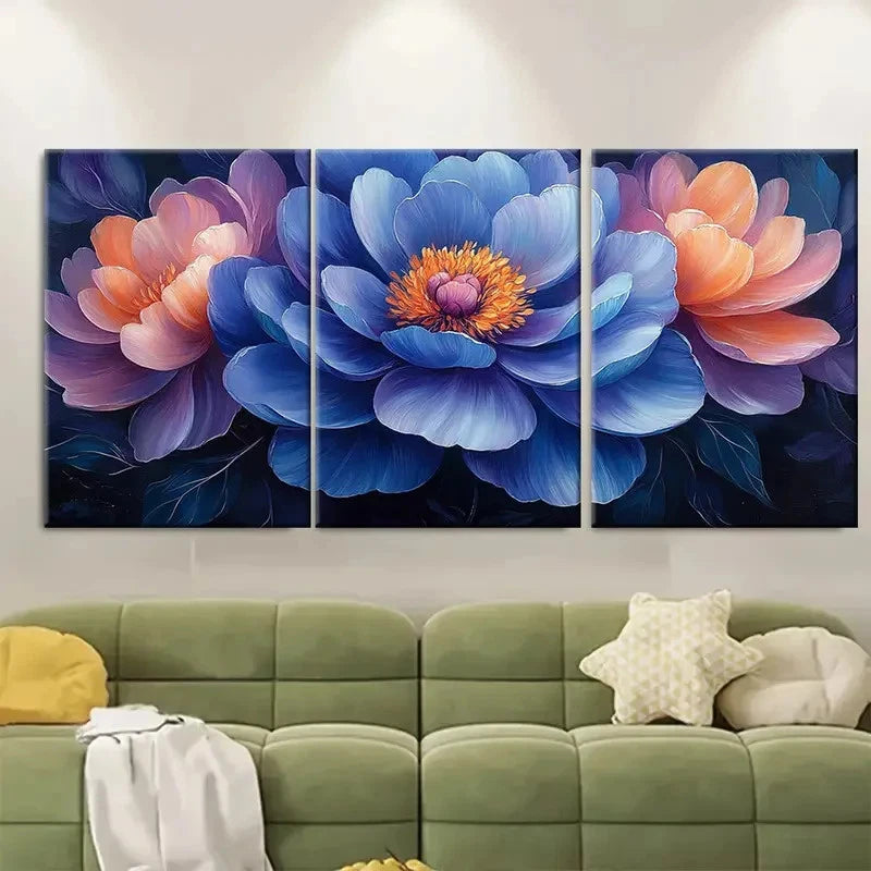 3pcs Blue Violet Peony Floral Abstract Perfect Wall Art Set Canvas Framed 40x60cm - High Quality Print 100% Australian Made Wall Canvas Ready to Hang
