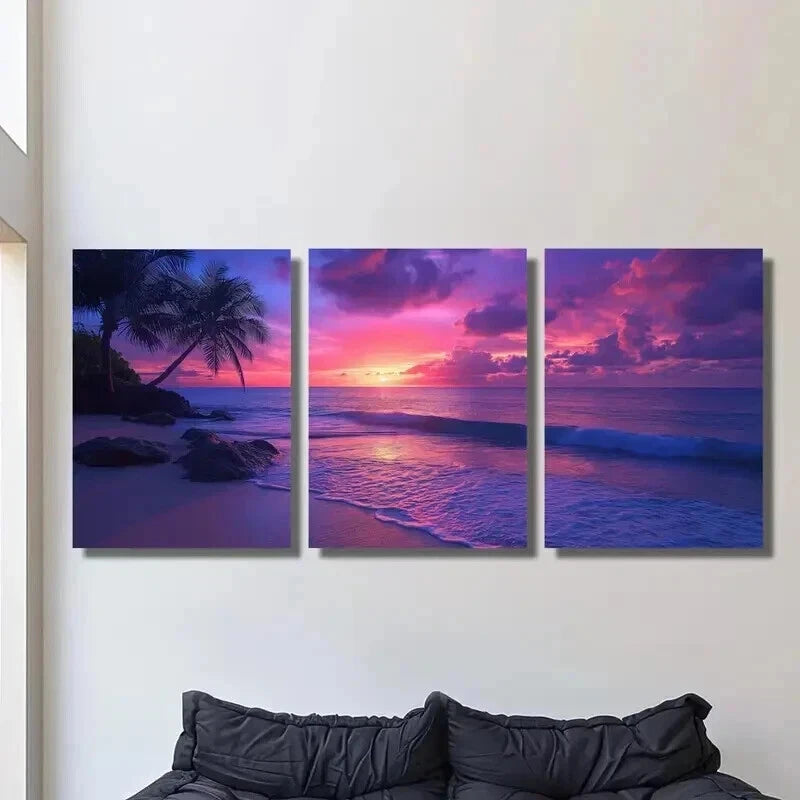 3pcs Palm Trees Ocean Beach & Sunset Wall Art Set Canvas Framed 50x70cm - High Quality Print 100% Australian Made Wall Canvas Ready to Hang