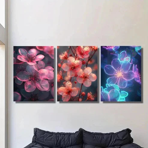 3pcs Pink & Purple Flowers on Dark Background Wall Art Set Canvas Unframed - High Quality Print 100% Australian Made Wall Canvas