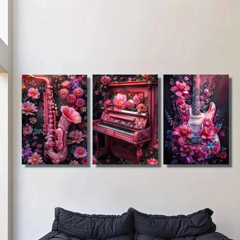 3pcs Pink Flowered Saxophone Guitar and Piano Wall Art Set Canvas Framed 40x60cm - High Quality Print 100% Australian Made Wall Canvas Ready to Hang