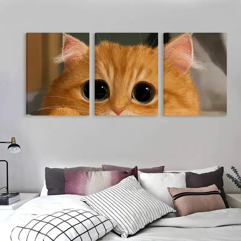 3pcs A Cute Orange Cat with Big eyes Wall Art Set Canvas Framed 60x90cm - High Quality Print 100% Australian Made Wall Canvas Ready to Hang