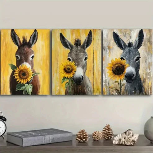 3pcs Adorable Donkey Adorned with a Sunflower Wall Art Set Canvas Unframed - High Quality Print 100% Australian Made Wall Canvas - Bella Home Decor
