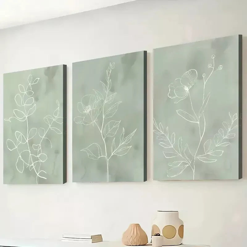 3pcs Minimalist Wind Green Natural White Plant Wall Art Set Canvas Framed 50x70cm - High Quality Print 100% Australian Made Wall Canvas Ready to Hang