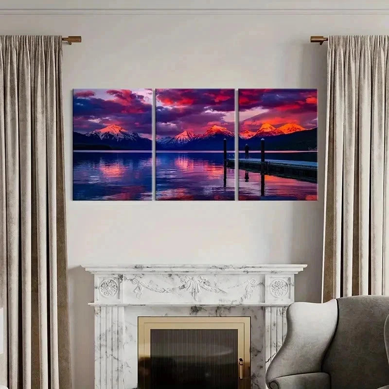 3pcs Snow Mountain Lake at Sunset Wall Art Set Canvas Framed 40x60cm - High Quality Print 100% Australian Made Wall Canvas Ready to Hang