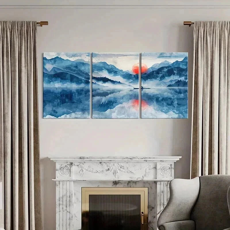 3pcs Traditional Chinese Landscape Sunset Lake Wall Art Set Canvas Framed 40x60cm - High Quality Print 100% Australian Made Wall Canvas Ready to Hang