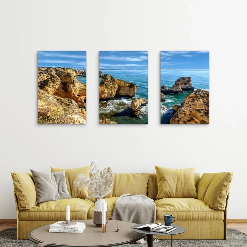 3pcs Sandstone Cliffs Deep Blue Ocean Wall Art Set Canvas Framed 50x70cm - High Quality Print 100% Australian Made Wall Canvas Ready to Hang
