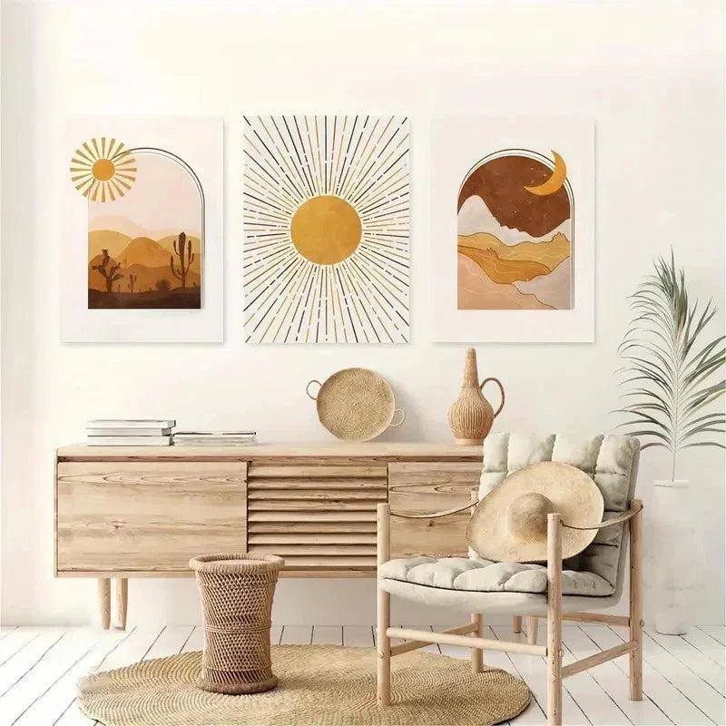 3pcs Western Desert Sun Moon Modern Perfect Wall Art Set Canvas Framed 40x60cm - High Quality Print 100% Australian Made Wall Canvas Ready to Hang