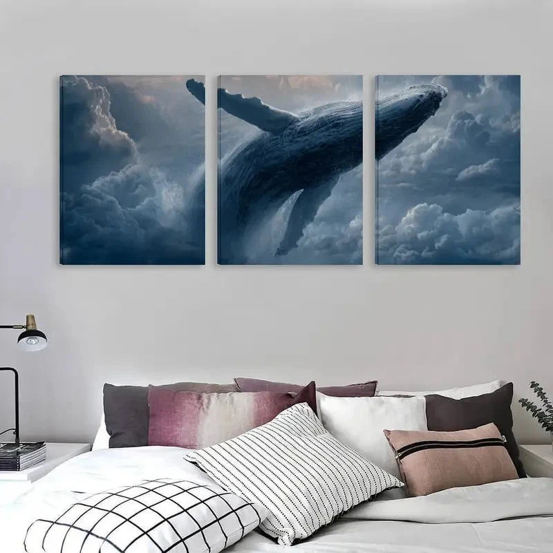 3pcs Modern Whale Art Deco Style Wall Art Set Canvas Framed 60x90cm - High Quality Print 100% Australian Made Wall Canvas Ready to Hang