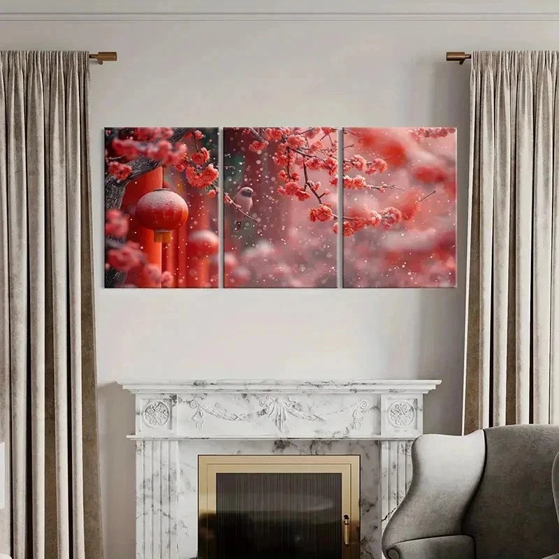 3pcs Red Festive Plum Blossoms Chinese Wall Art Set Canvas Framed 40x60cm - High Quality Print 100% Australian Made Wall Canvas Ready to Hang