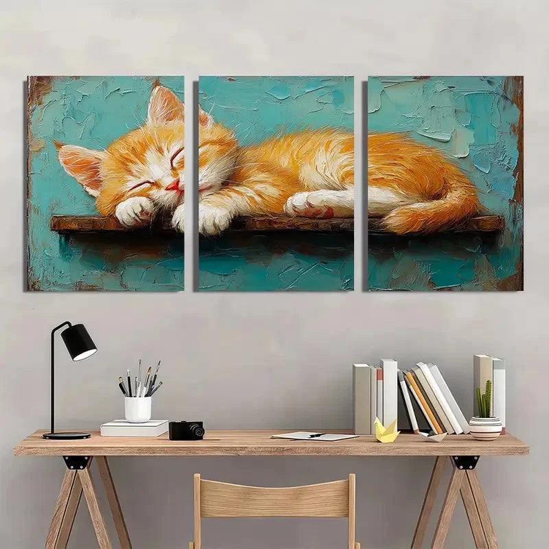 3pcs Orange Kitten Stretching Animal Perfect Wall Art Set Canvas Framed 40x60cm - High Quality Print 100% Australian Made Wall Canvas Ready to Hang
