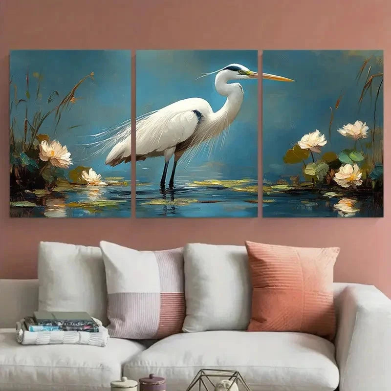 3pcs White Heron Egret Impasto Perfect Wall Art Set Canvas Framed 40x60cm - High Quality Print 100% Australian Made Wall Canvas Ready to Hang