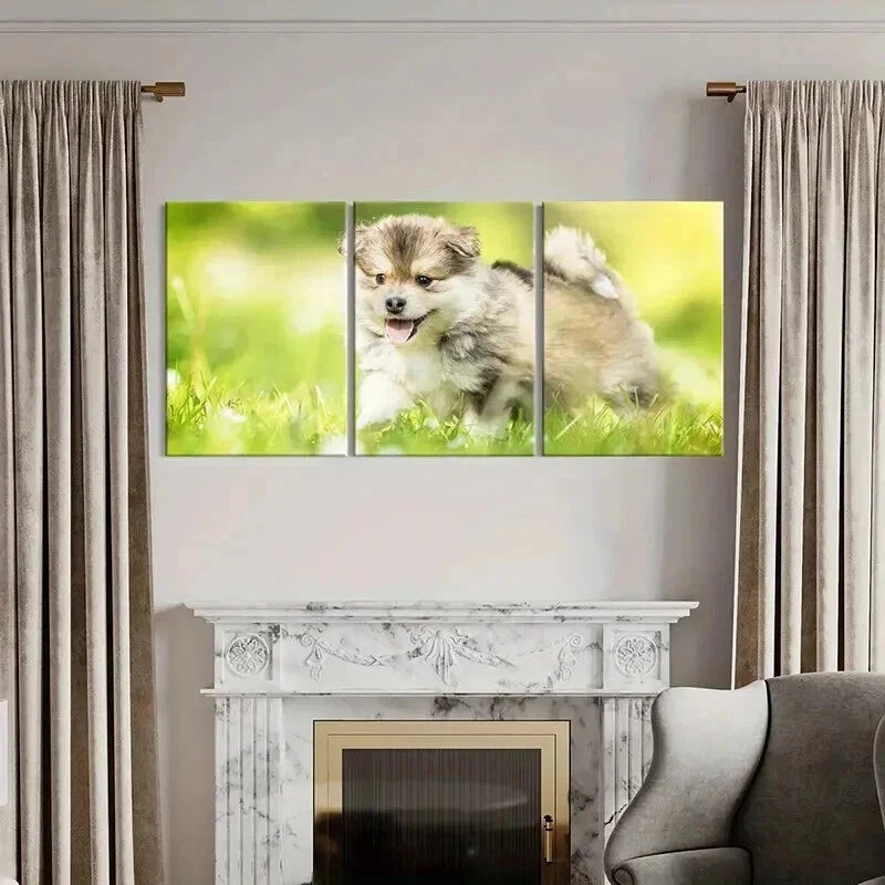 3pcs Brown Puppy on Green Grass Painting Wall Art Set Canvas Framed 40x60cm - High Quality Print 100% Australian Made Wall Canvas Ready to Hang