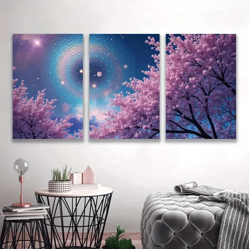 3pcs Cherry Blossom Trees Under Night Sky I Wall Art Set Canvas Framed 50x70cm - High Quality Print 100% Australian Made Wall Canvas Ready to Hang