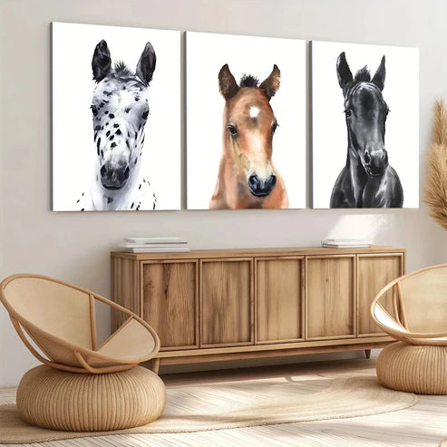 3pcs Chic Horse Modern Animal White Brown Black Wall Art Set Canvas Unframed - High Quality Print 100% Australian Made Wall Canvas