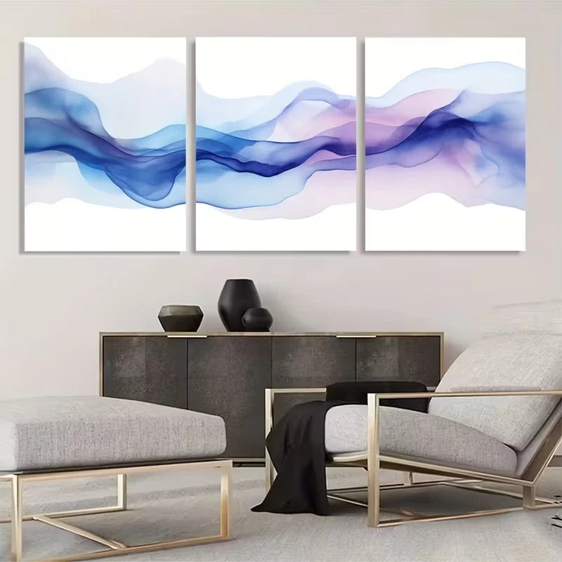 3pcs Blue and Purple Watercolor Wave Wall Art Set Canvas Framed 60x90cm - High Quality Print 100% Australian Made Wall Canvas Ready to Hang