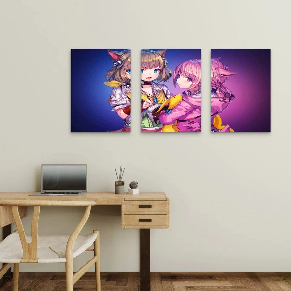 3pcs Kawaii Feline Pastel Violet Wall Art Set Canvas Framed 40x60cm - High Quality Print 100% Australian Made Wall Canvas Ready to Hang