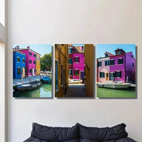 3pcs Colorful Venice Burano Island Canal Scene Wall Art Set Canvas Unframed - High Quality Print 100% Australian Made Wall Canvas
