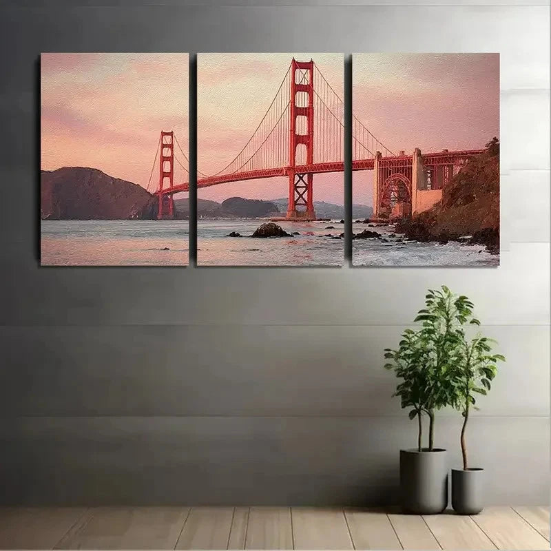 3pcs Golden Gate Bridge Showing Fog Wall Art Set Canvas Framed 50x70cm - High Quality Print 100% Australian Made Wall Canvas Ready to Hang