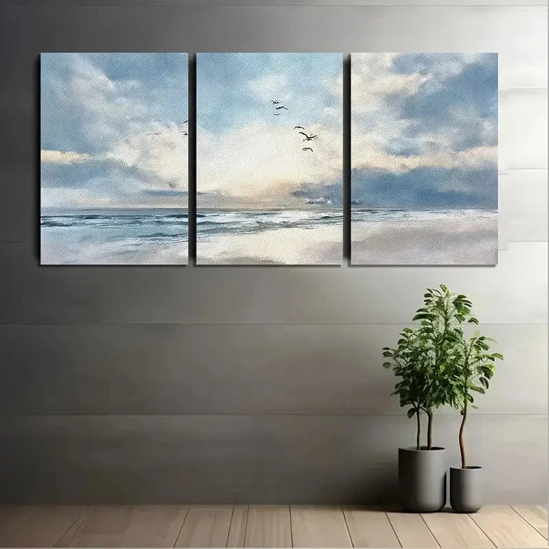 3pcs Serene Beach & Ocean Watercolor Birds Wall Art Set Canvas Framed 40x60cm - High Quality Print 100% Australian Made Wall Canvas Ready to Hang