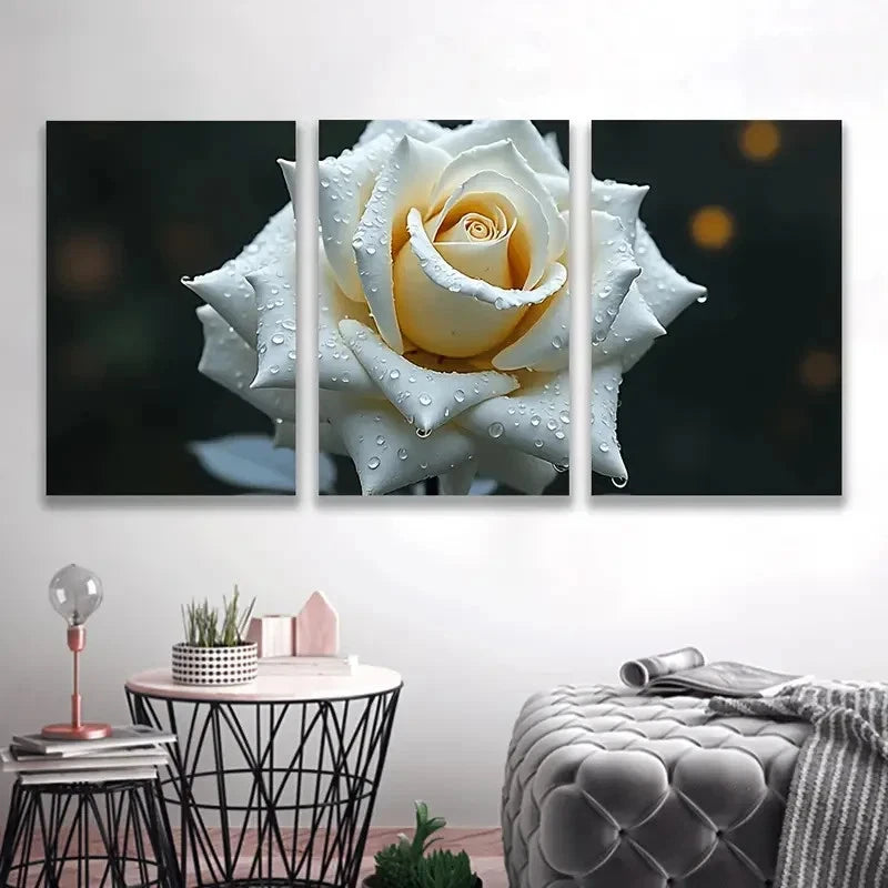 3pcs White Roses & Water Drops Triptych Wall Art Set Canvas Framed 40x60cm - High Quality Print 100% Australian Made Wall Canvas Ready to Hang
