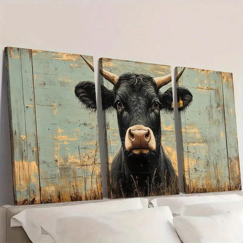 3pcs Playful Rustic Cow Vintage Blue Wall Art Set Canvas Framed 50x70cm - High Quality Print 100% Australian Made Wall Canvas Ready to Hang