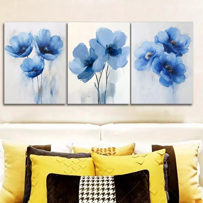 3pcs Featuring Blue Flowers Floral Wall Art Set Canvas Framed 50x70cm - High Quality Print 100% Australian Made Wall Canvas Ready to Hang