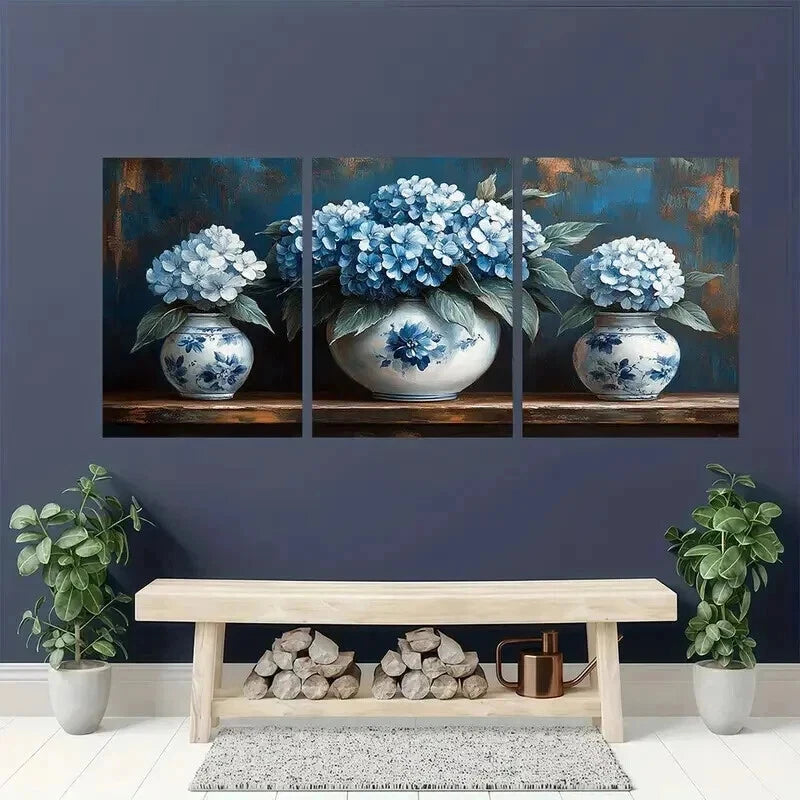 3pcs Elegant Vintage Blue & White Floral Wall Art Set Canvas Framed 40x60cm - High Quality Print 100% Australian Made Wall Canvas Ready to Hang