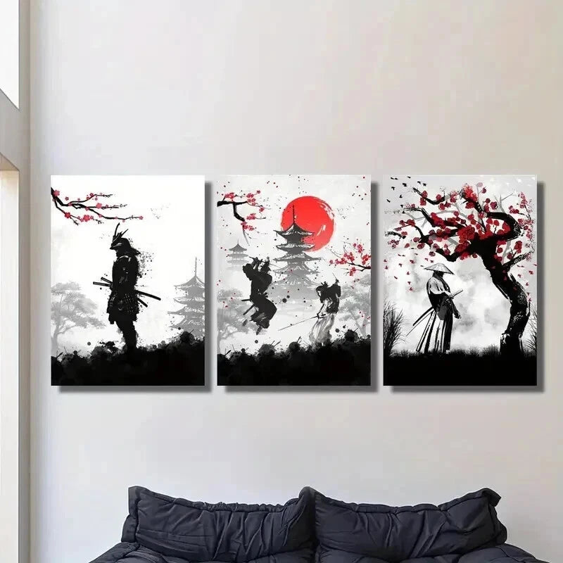 3pcs Japanese Cherry Blossom & Samurai Wall Art Set Canvas Framed 40x60cm - High Quality Print 100% Australian Made Wall Canvas Ready to Hang