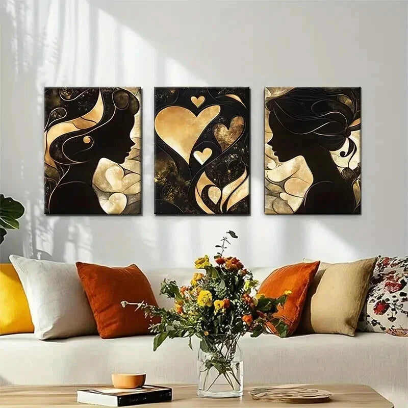 3pcs Luxury Golden Black Abstract Female Perfect Wall Art Set Canvas Framed 40x60cm - High Quality Print 100% Australian Made Wall Canvas Ready to Hang