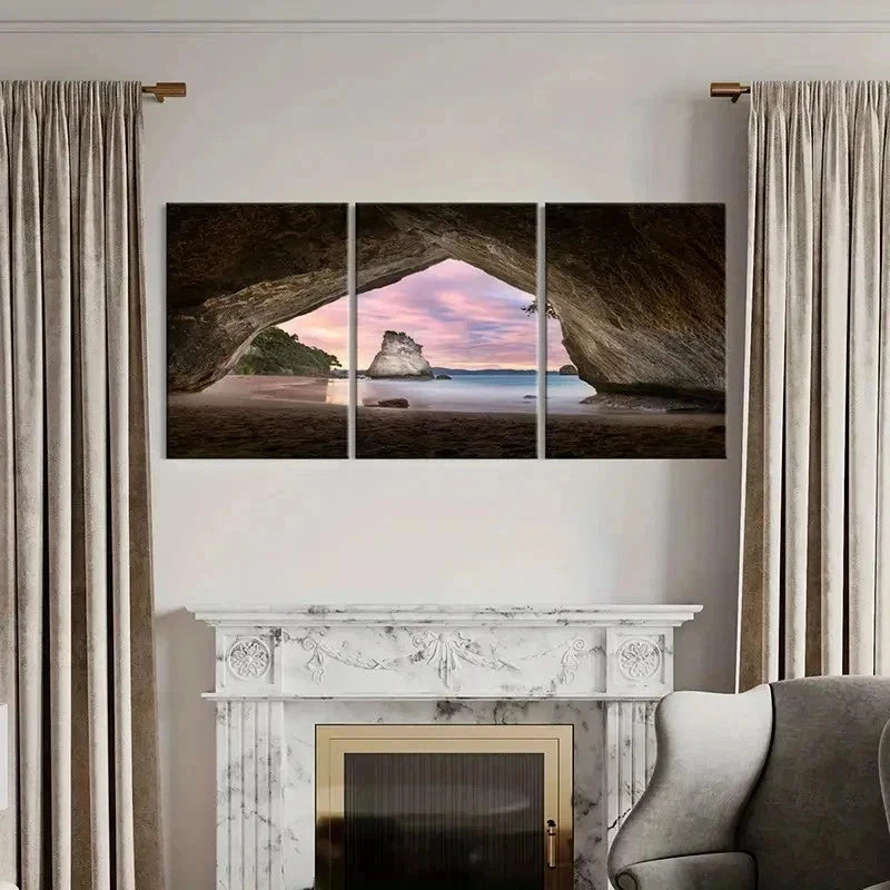 3pcs Seaside Cave Sea Sunset Modern Wall Art Set Canvas Framed 40x60cm - High Quality Print 100% Australian Made Wall Canvas Ready to Hang