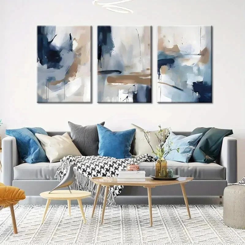 3pcs Navy Blue & Brown Abstract Modern Perfect Wall Art Set Canvas Framed 40x60cm - High Quality Print 100% Australian Made Wall Canvas Ready to Hang