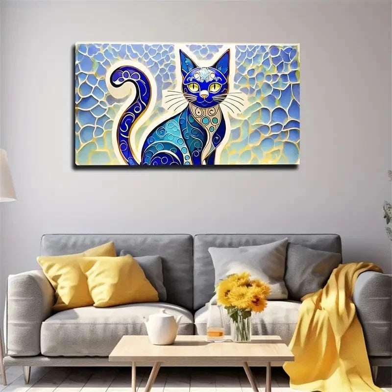 Vibrant Blue & Golden Cat Wall Art Canvas Office Home Room Framed 120x60cm