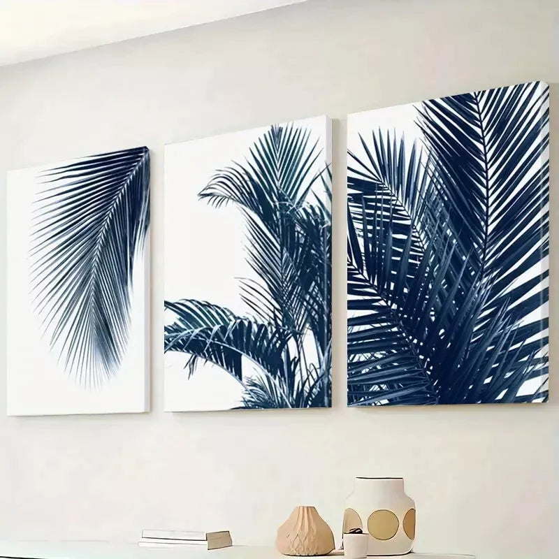 3pcs Classic Retro Minimalist Blue Palm Leaves wall Art Set Canvas Framed 50x70cm - High Quality Print 100% Australian Made Wall Canvas Ready to Hang